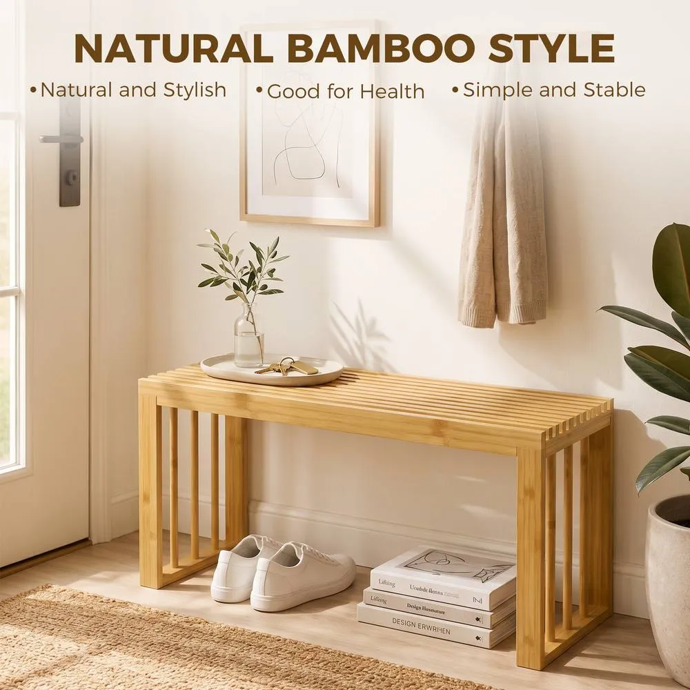 HOMCOM 90 cm Bamboo Shoe Bench, Backless Hallway Bench Seat, Natural 4