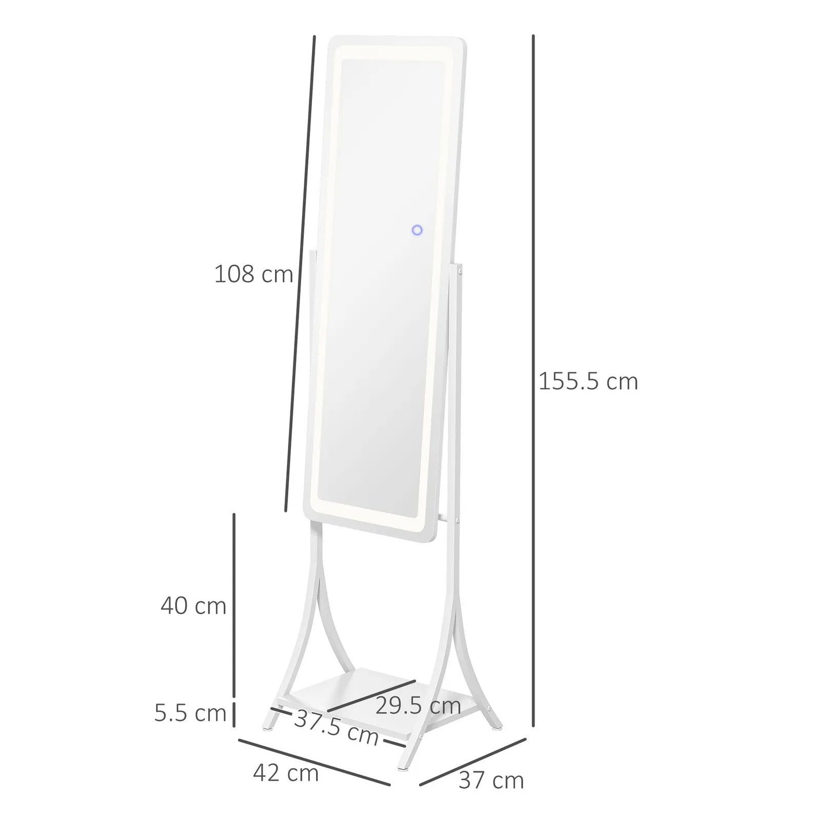HOMCOM LED Lighted Full Length Mirror, Floor Standing Mirror with Shelf in White 3