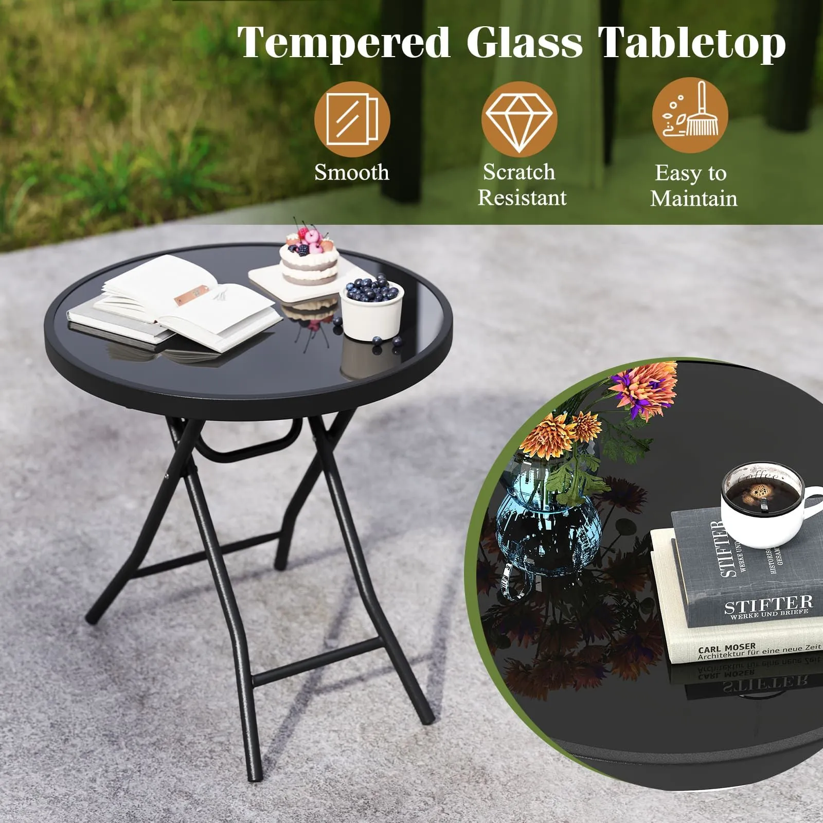 Costway Folding Glass Table Portable Patio Coffee Table w/Footpads-Black in Black 6