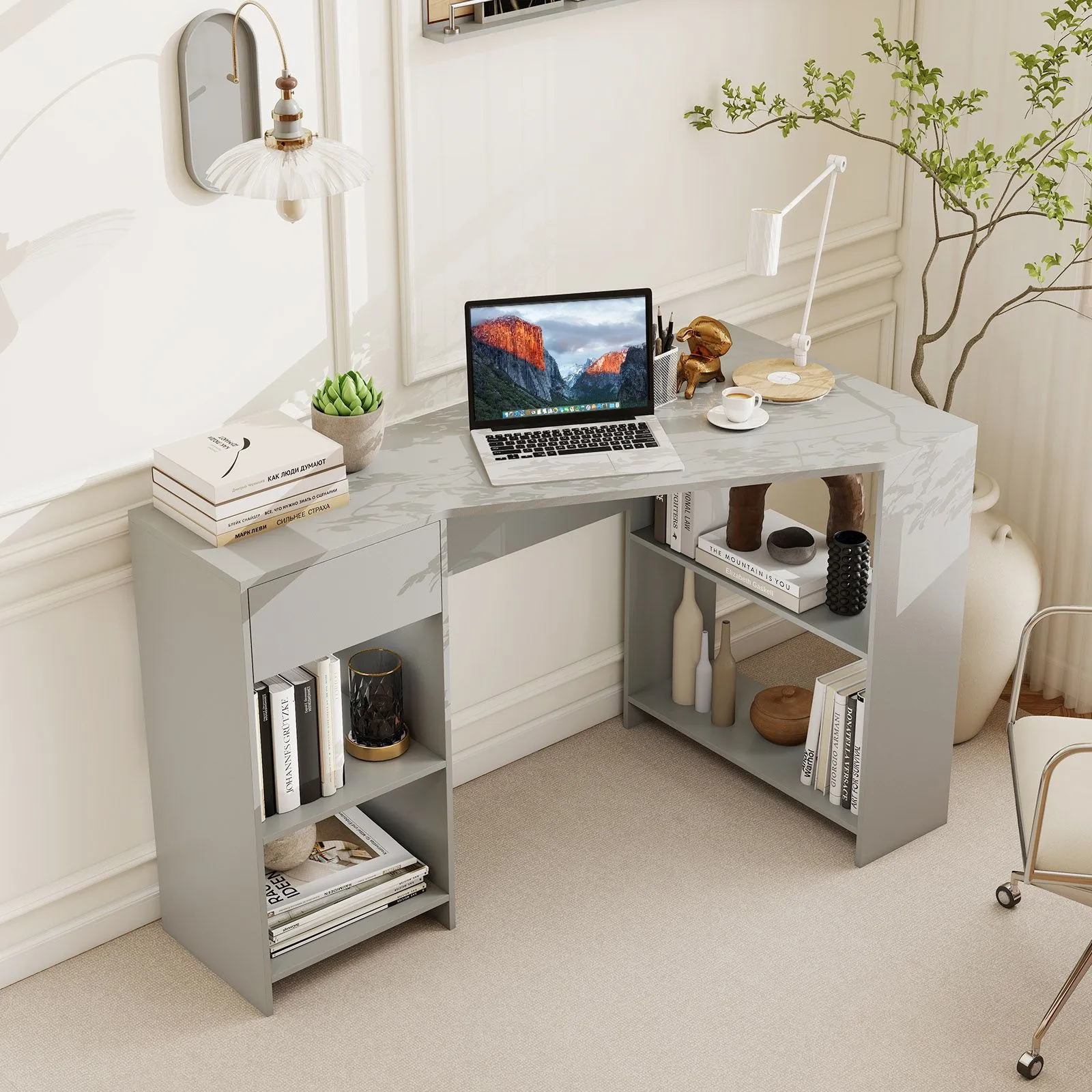 Costway L-Shaped Computer Desk Compact Corner Executive Desk w/Storage in Grey 3
