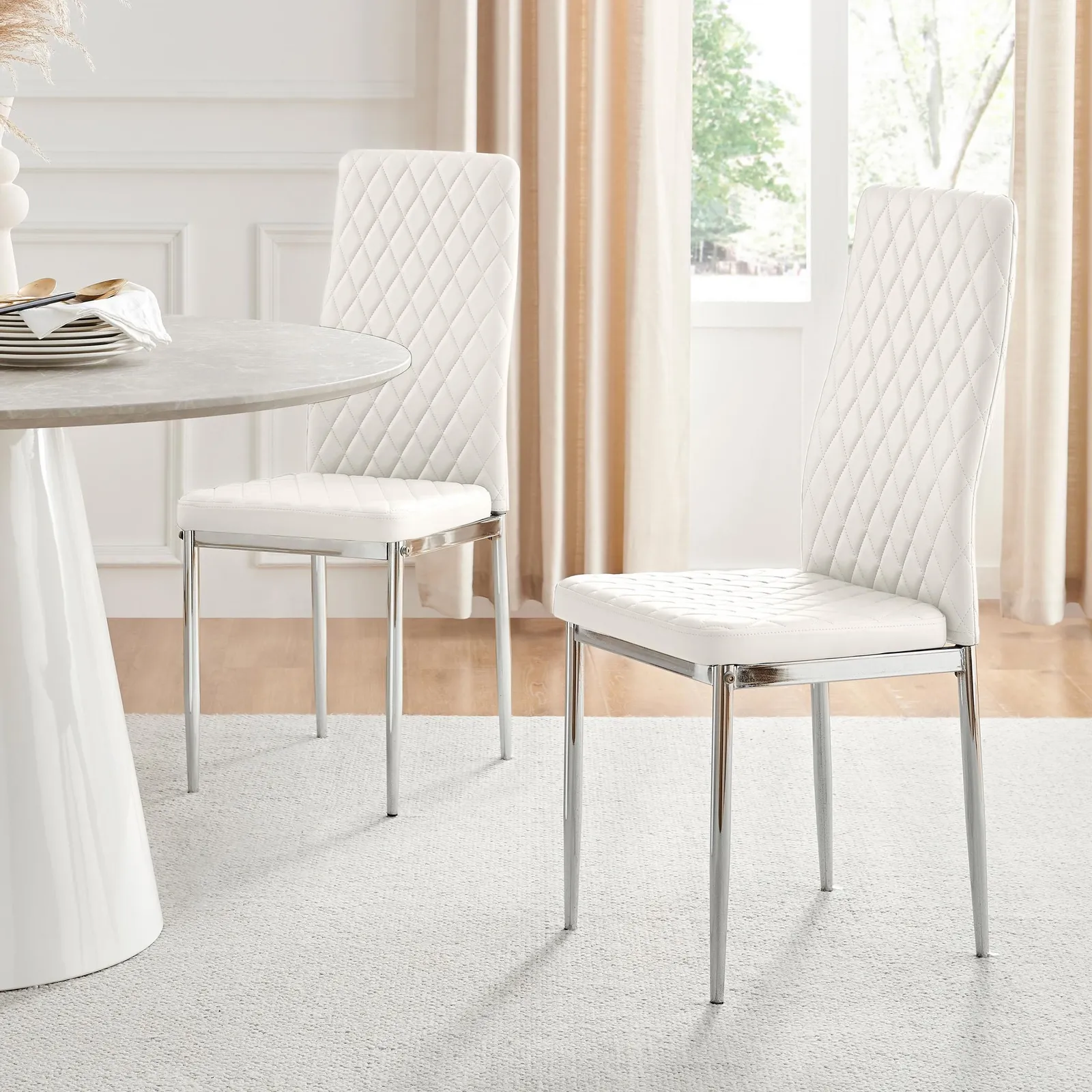 FurnitureboxUK Set of 6 Milan High Back Soft Touch Diamond Pattern Faux Leather Dining Chairs With Silver Chrome Metal Legs in White
