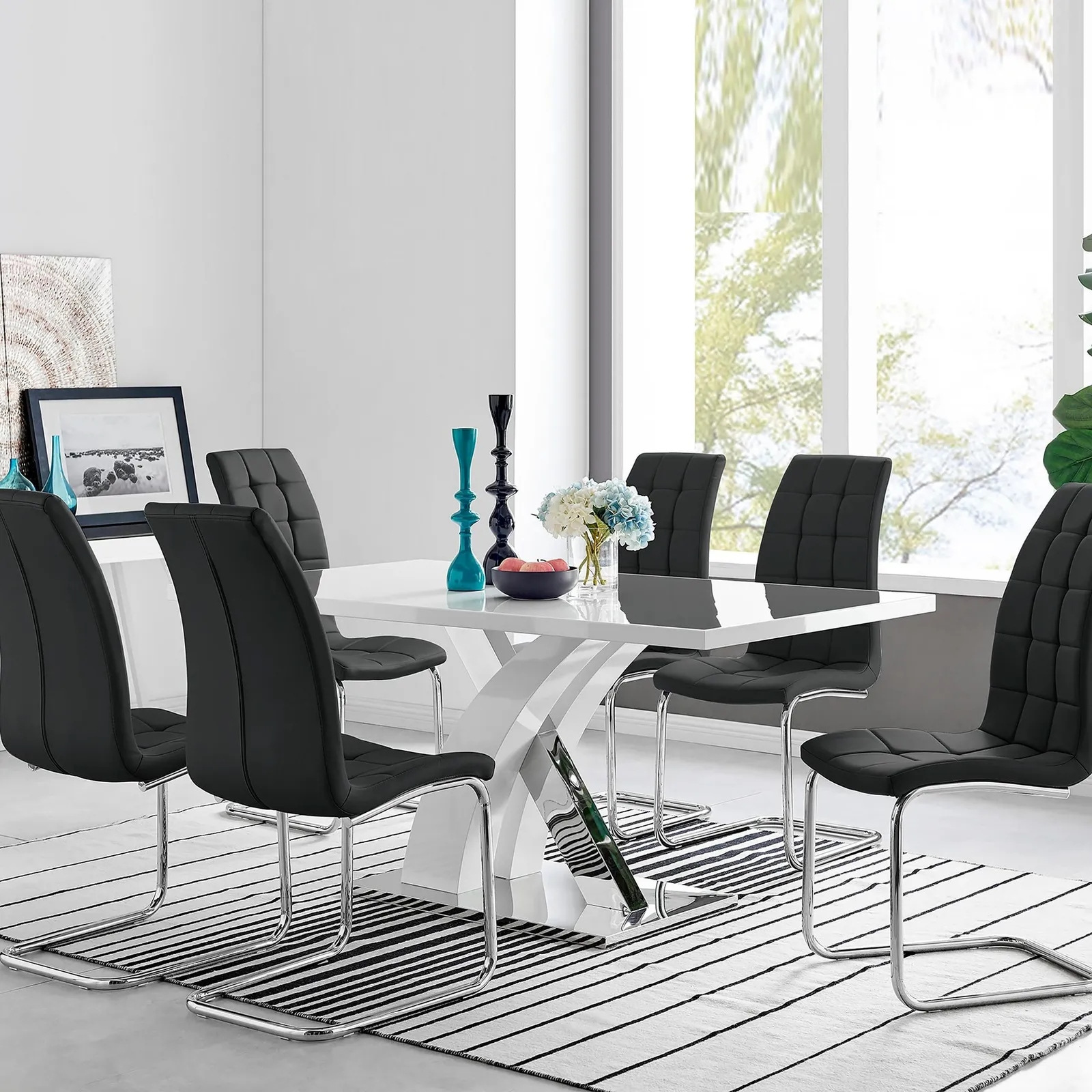 FurnitureboxUK Atlanta Modern Rectangle Chrome Metal High Gloss White Dining Table & 6 Murano Chairs Set in Black