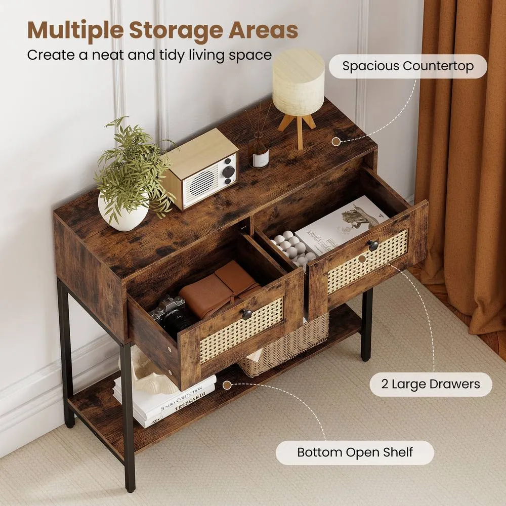 Costway 80CM Boho Console Table Modern Wooden Entryway Table w/2 Drawers in Brown 6