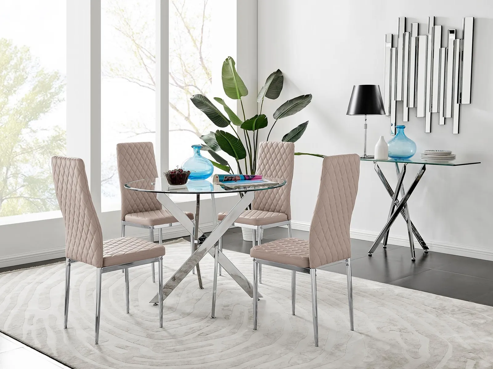 FurnitureboxUK Novara Clear Tempered Glass 100cm Round Dining Table with Chrome Starburst Legs & 4 Milan Faux Leather Chairs in Beige 1