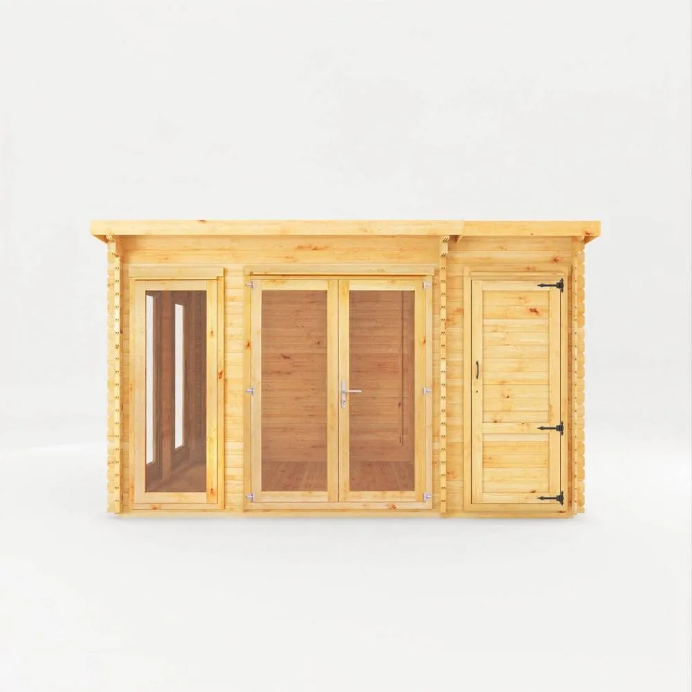Mercia 4.1 x 3 m Studio Pent 28 mm Log Cabin with Side Shed in Natural 3