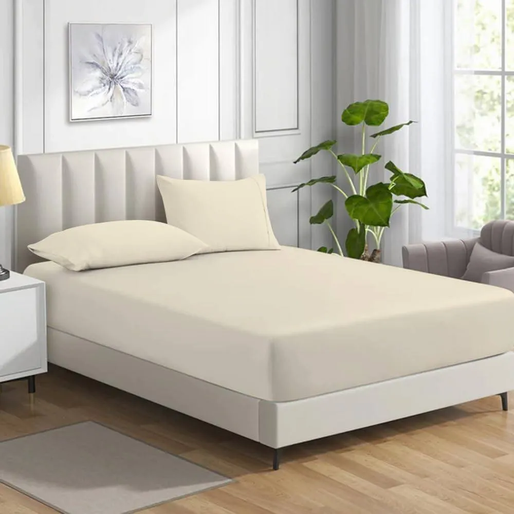 Homes-Linen Non Iron Polycotton Fitted Sheet 25cm Deep Easy Care Percale in Cream