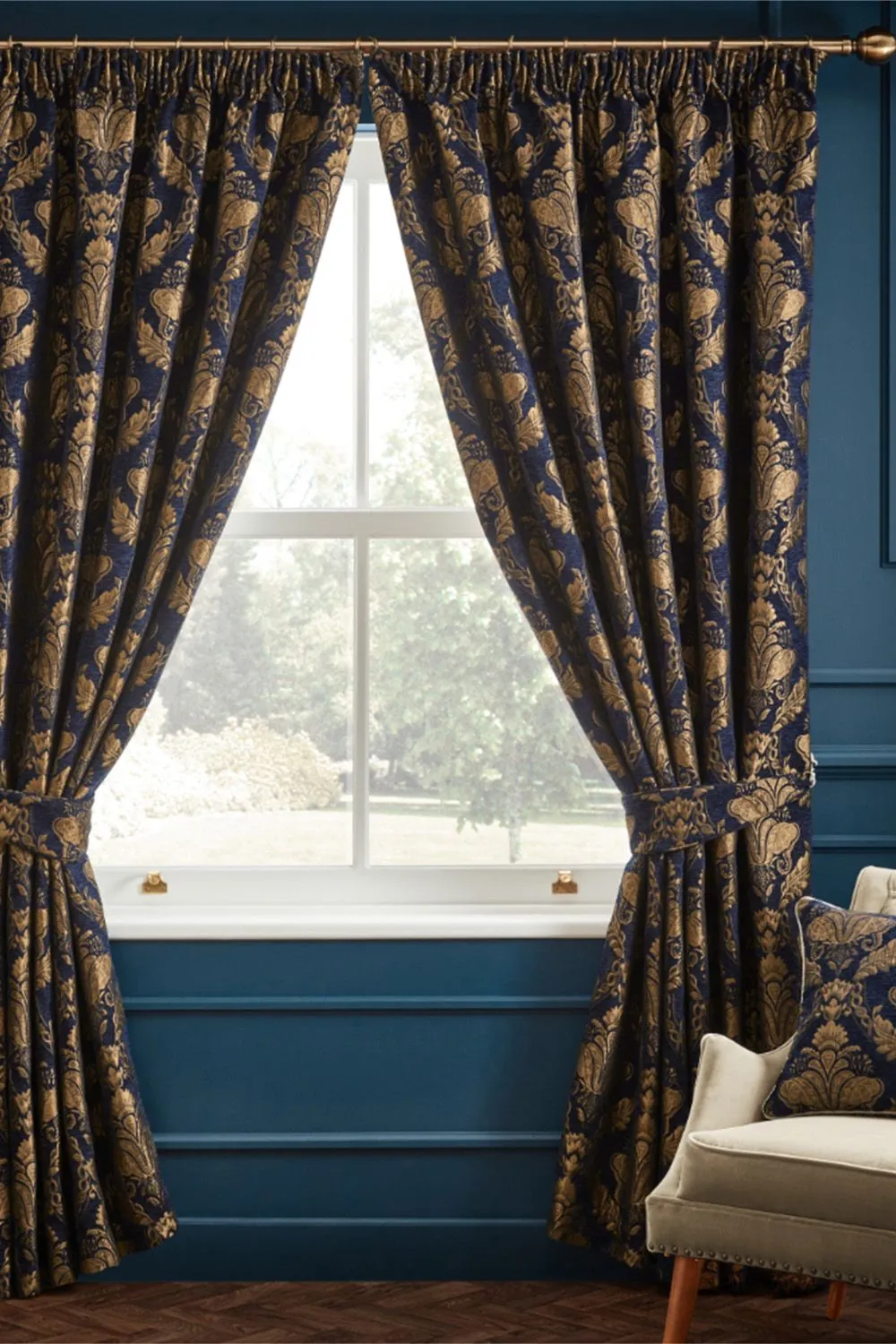 Paoletti Shiraz Fully Lined Jacquard Pencil Pleat Curtains Navy 90" width 90" drop, Blue