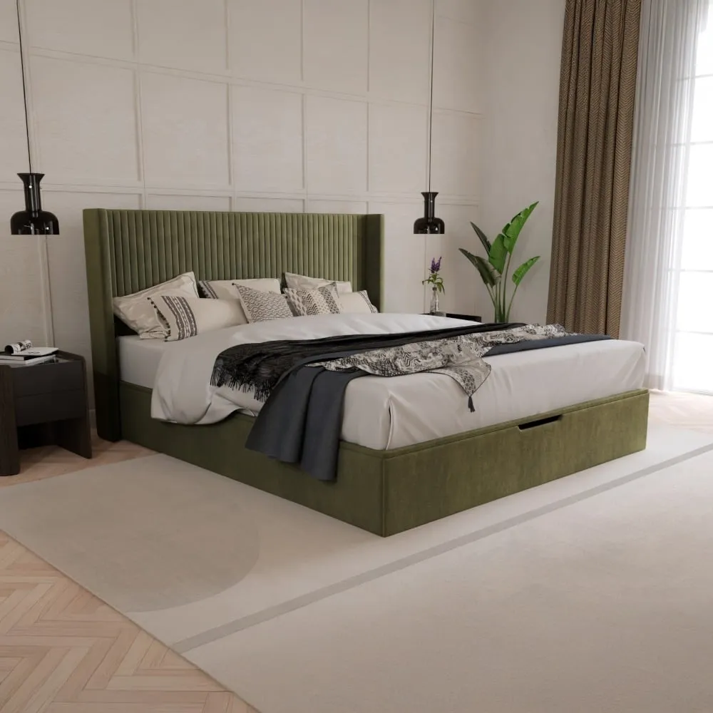 Hartley - Double - Winged Ottoman Storage Bed - Olive - Fabric - 4ft6 1