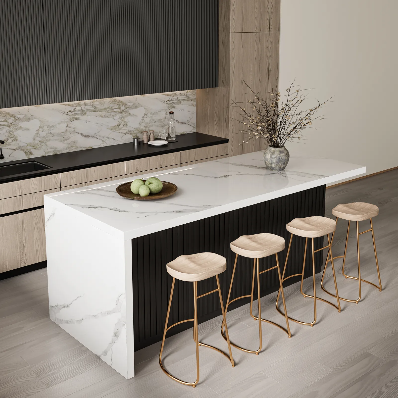 180 cm Sintered Stone Top Kitchen Island with Storage White & Black
