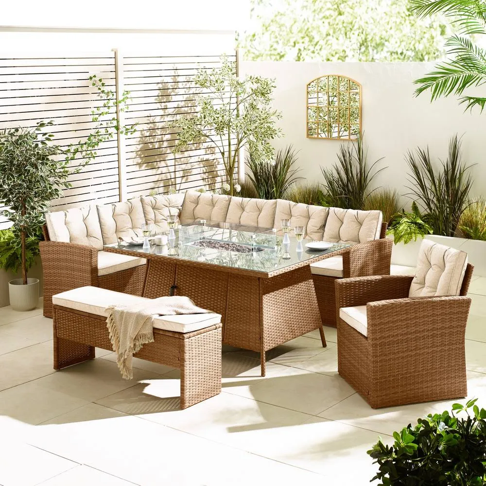 FurnitureboxUK Marbella 9 Seat Rattan Firepit Table Garden Dining Set in Beige 3