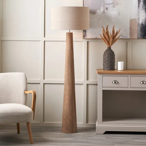 Pacific Lifestyle Esha Conical Wood Floor Lamp with Edward Linen Cylinder Lampshade