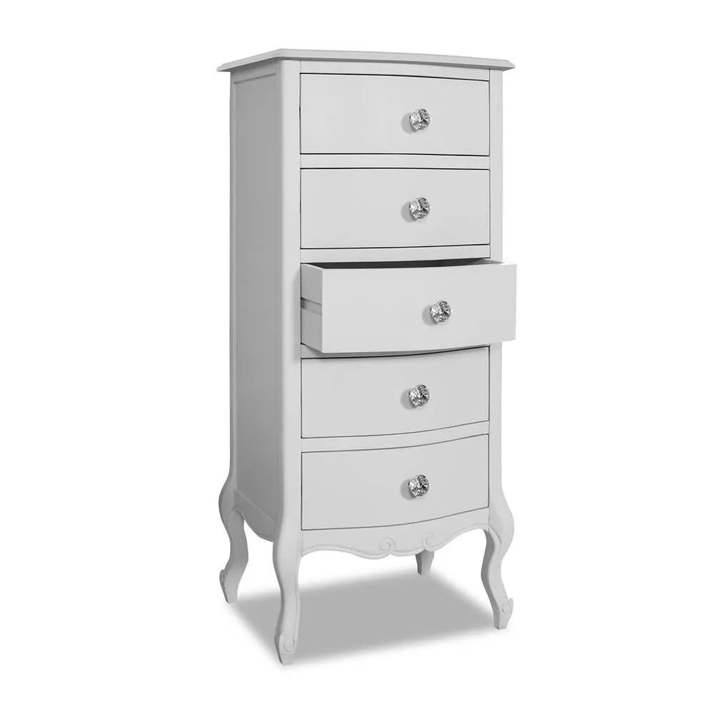 Statement Furniture Juliette Vintage Chic 5 Drawer Tallboy with Crystal Handles in White 5