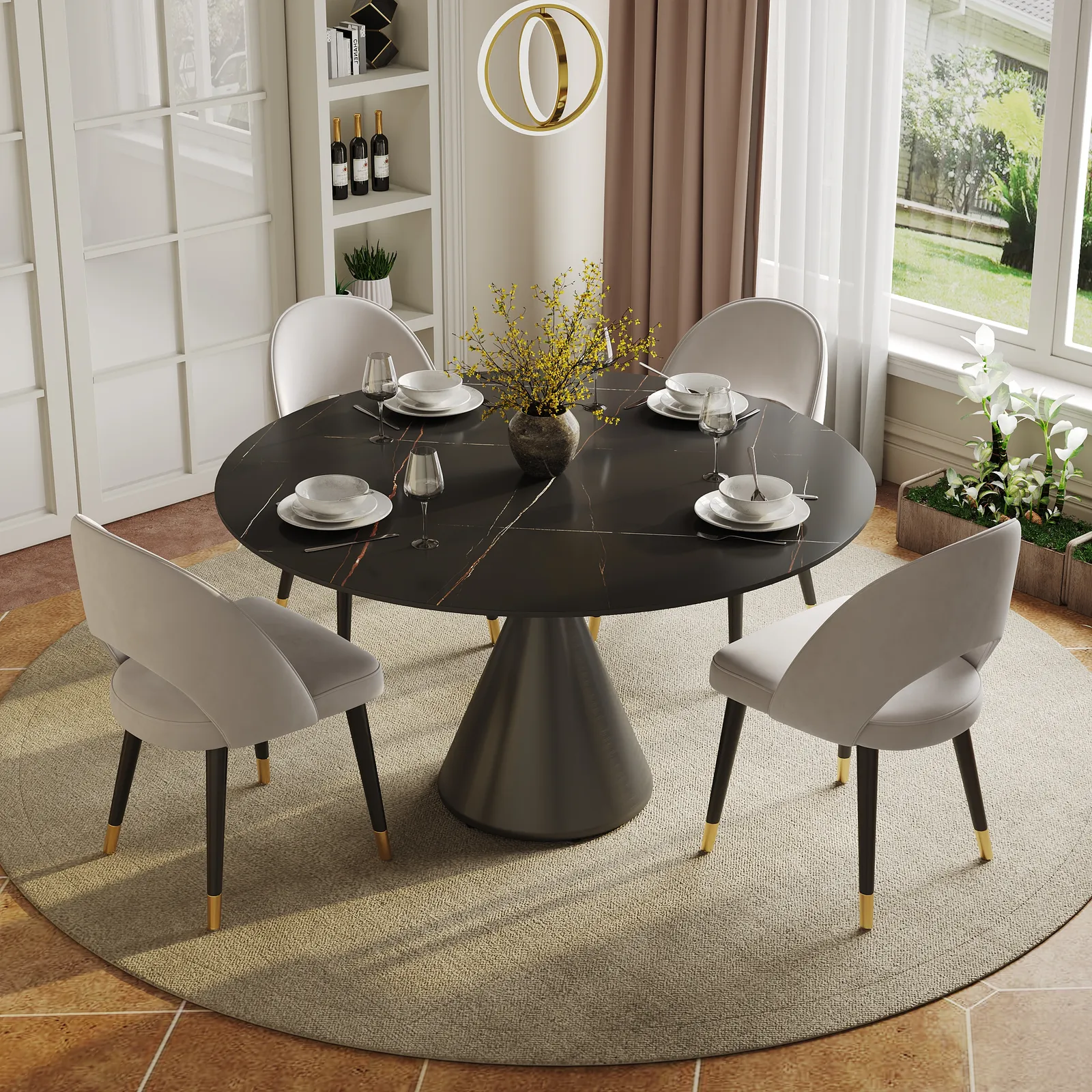 Modern 120 cm Round Matte Sintered Stone Dining Table with Black Pedestal Base, Seats 4