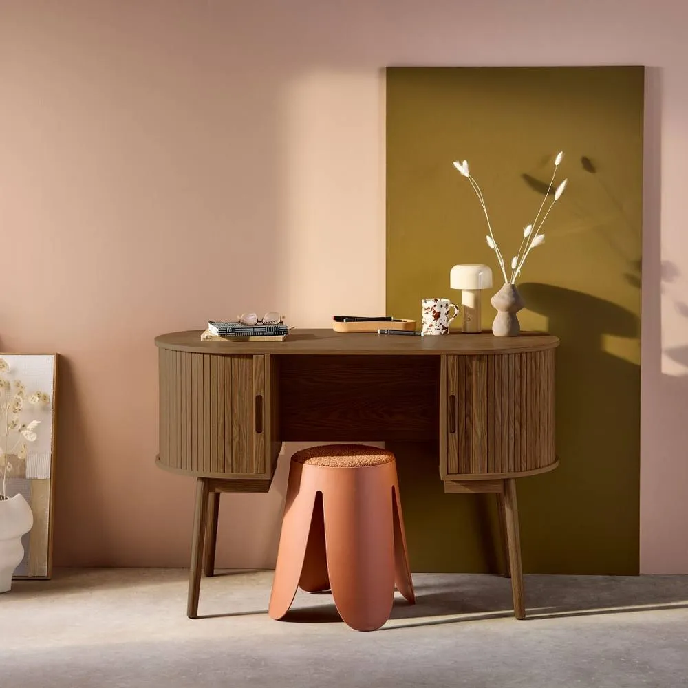 sweeek 120cm grooved wooden-effect oval desk with two storage spaces in Dark Brown 1