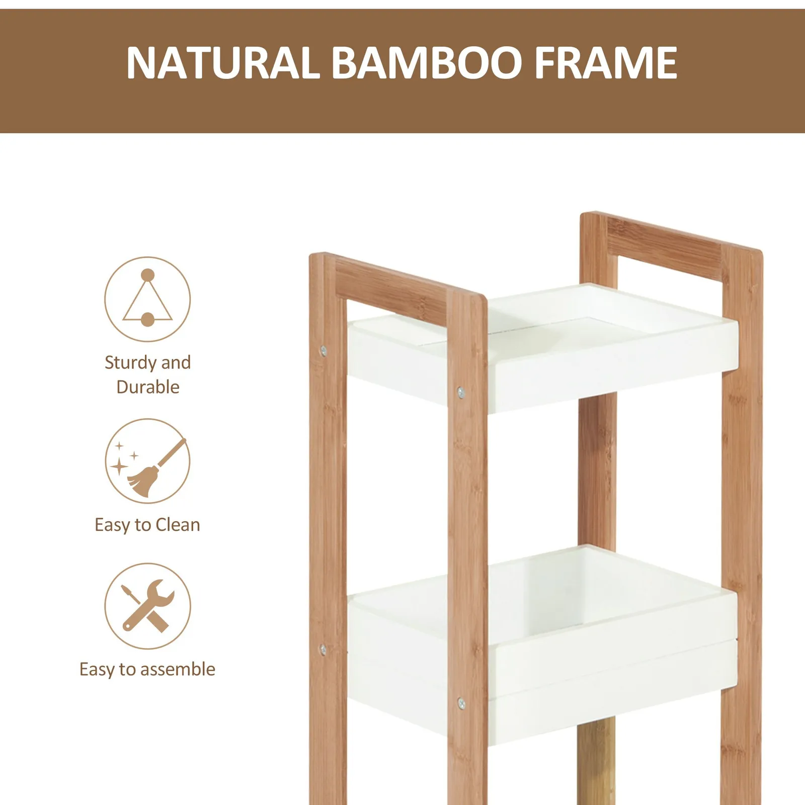 HOMCOM 3 Tier Shelf Storage Bamboo Cupboard Standing Unit Rack Organizer in White 4