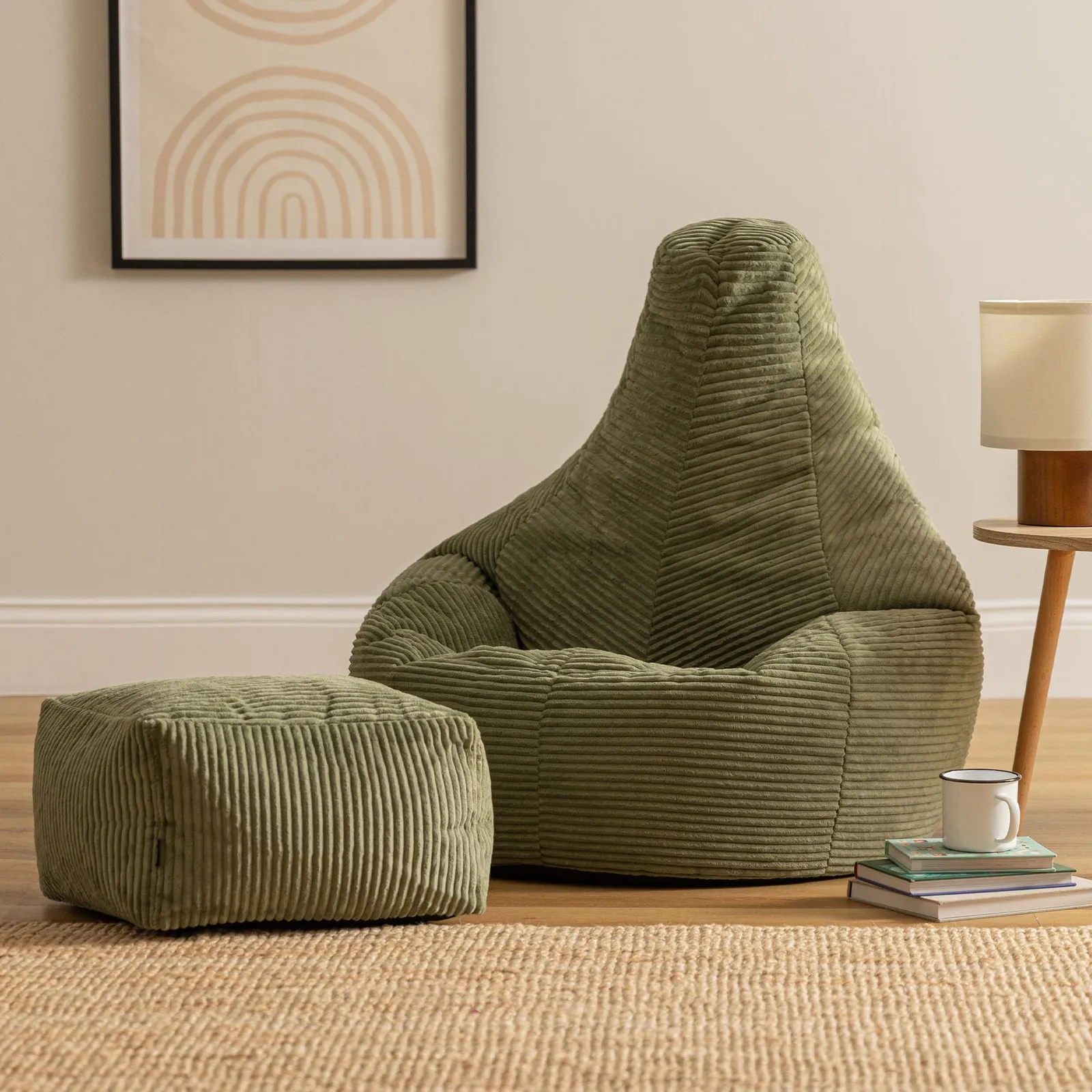 icon Gaming Bean Bag Recliner & Footstool, Corduroy in Green
