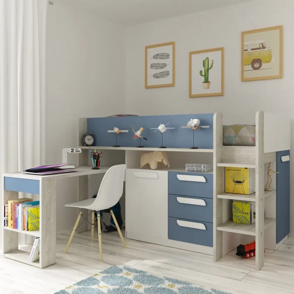 Girona Blue and Oak Wooden Mid Sleeper Frame - EU Single