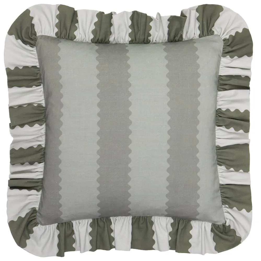 Wylder Birdie Stripe 100% Cotton Ruffle Cushion in Green 2