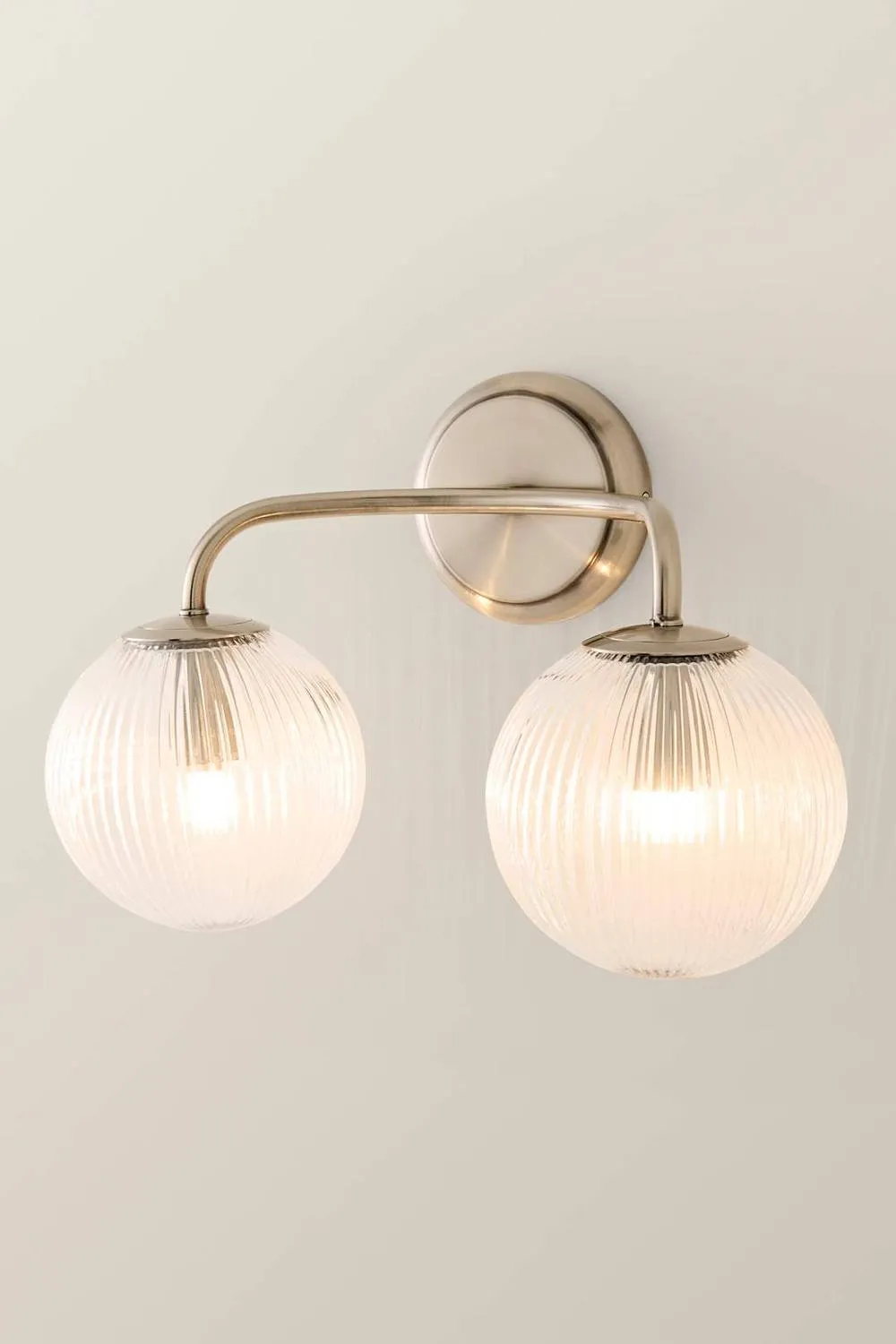 ValueLights Kempton Ribbed Glass Globe Shade 2 Arm Wall Light in Silver 3