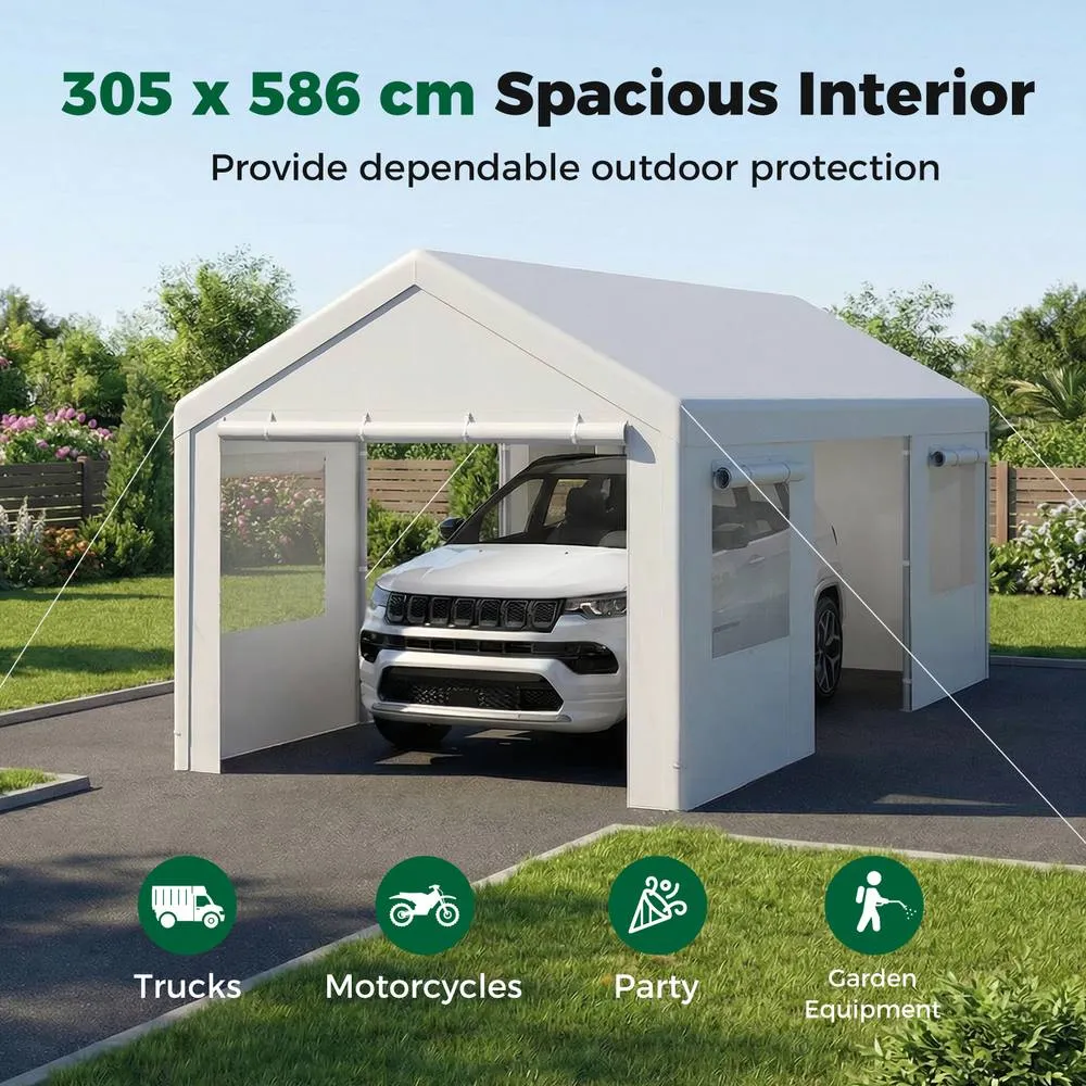 Costway 10 x 19 FT Car Canopy w/ Roll-Up Windows & Removable Doors Car Shelter in White 5
