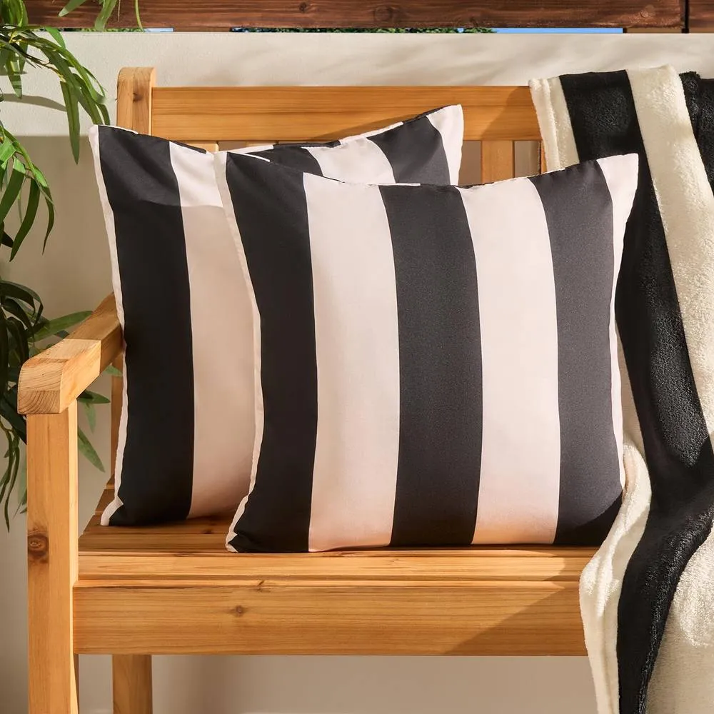 OHS 2 x Stripe Garden Cushion Covers Outdoor Water Resistant in Black