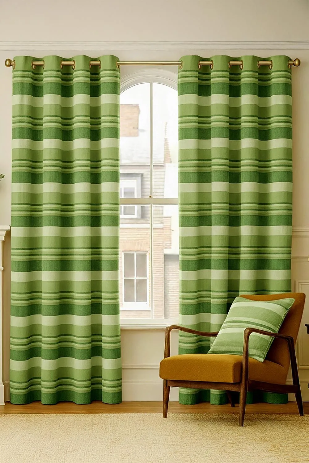 Homescapes Cotton Morocco Striped Curtain Pair in Green 1