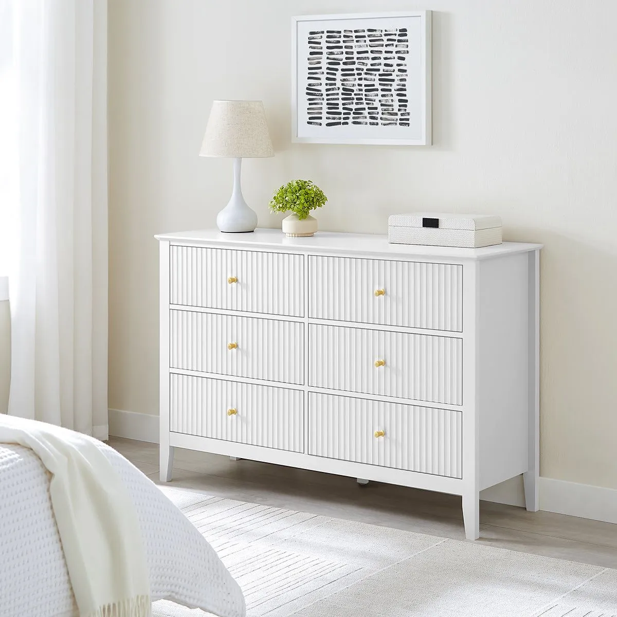 Melody Maison 6 Drawer Chest Of Drawers, Tall 5 Drawer Bedside Table & Pair Of 3 Drawer Bedside Tables - Hales White Range 6
