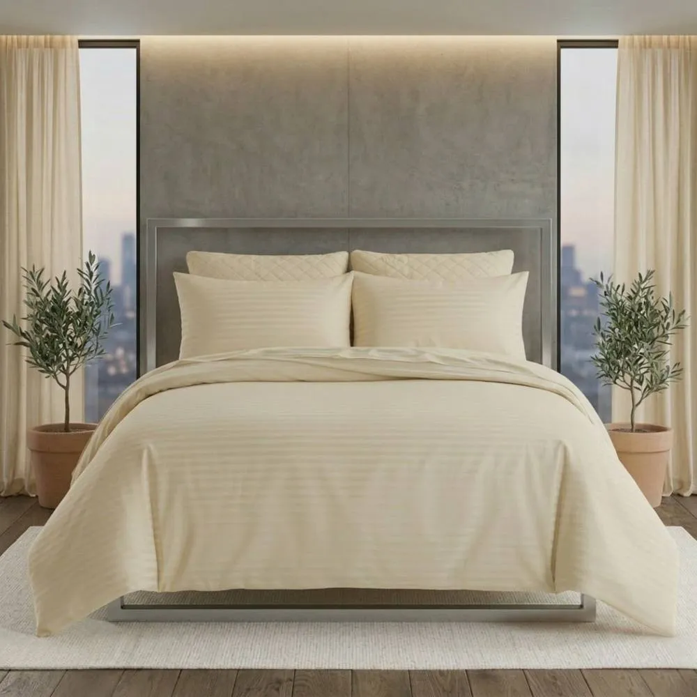 Snug City Luxury Satin Stripe Duvet Cover Set T250 Cotton Rich Soft Bed Linen in Cream