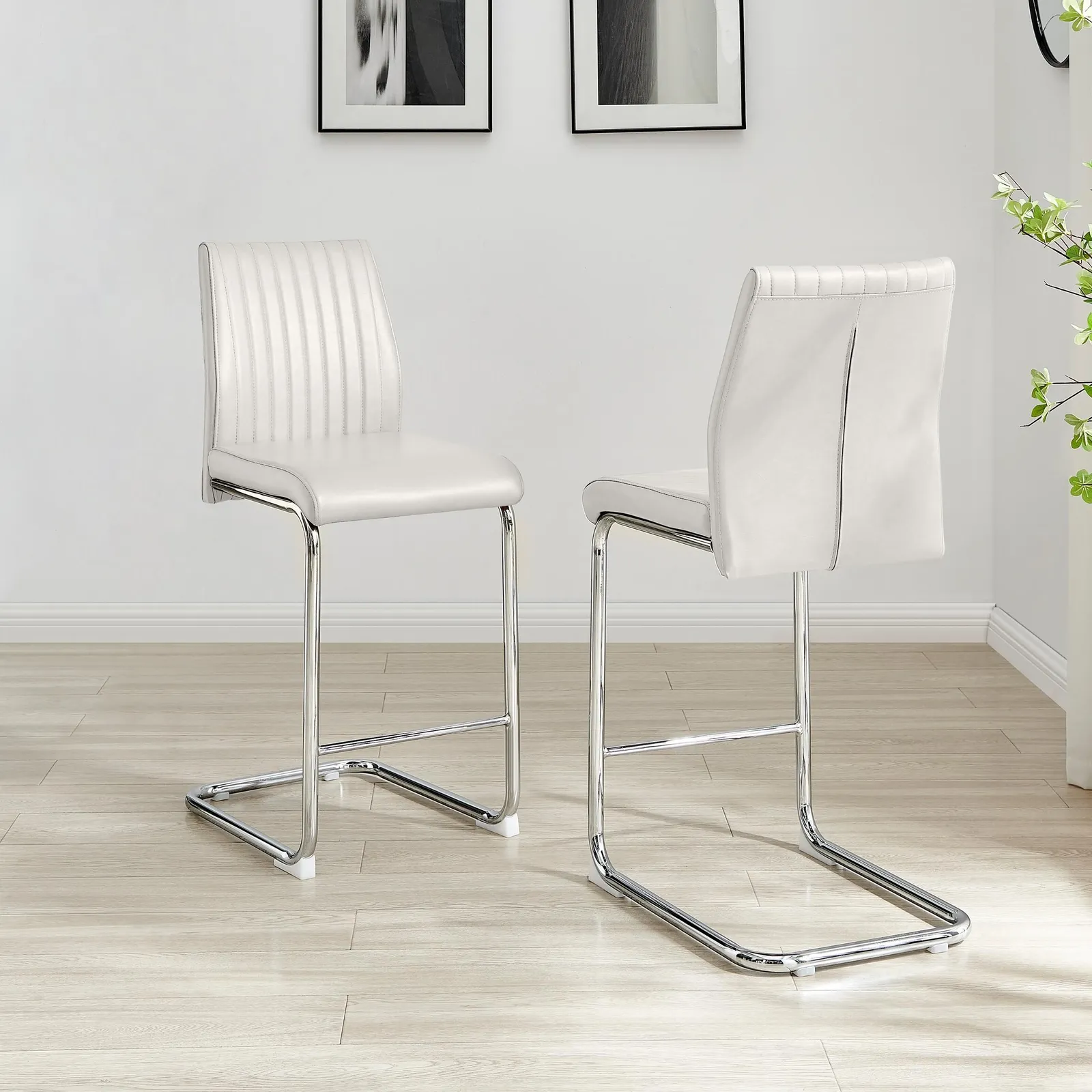 FurnitureboxUK Lorenzo 2x Faux Leather & Silver Counter Stools in Off-White 3