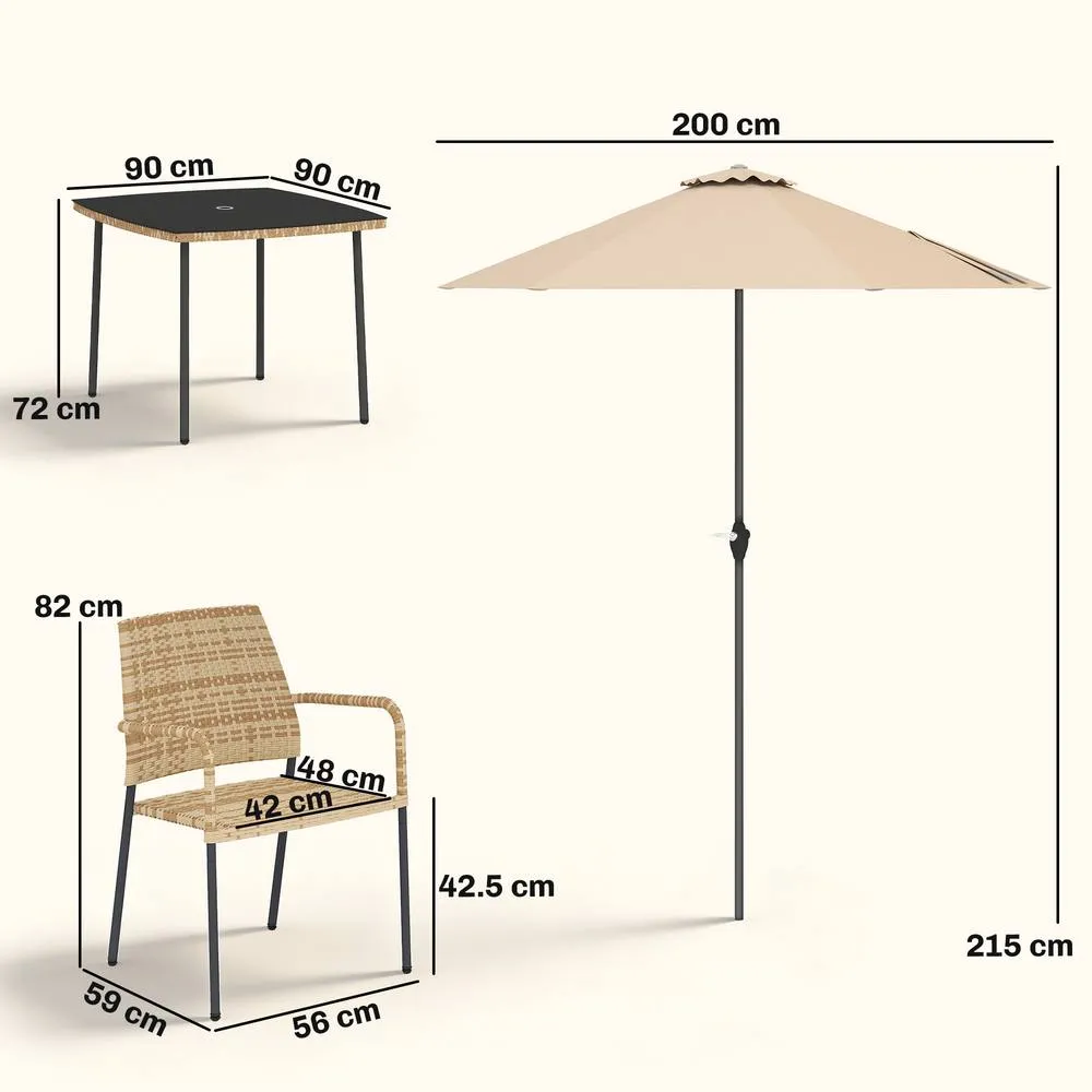 OUTSUNNY 4 Seater Rattan Dining Set with Parasol, Light Brown 3