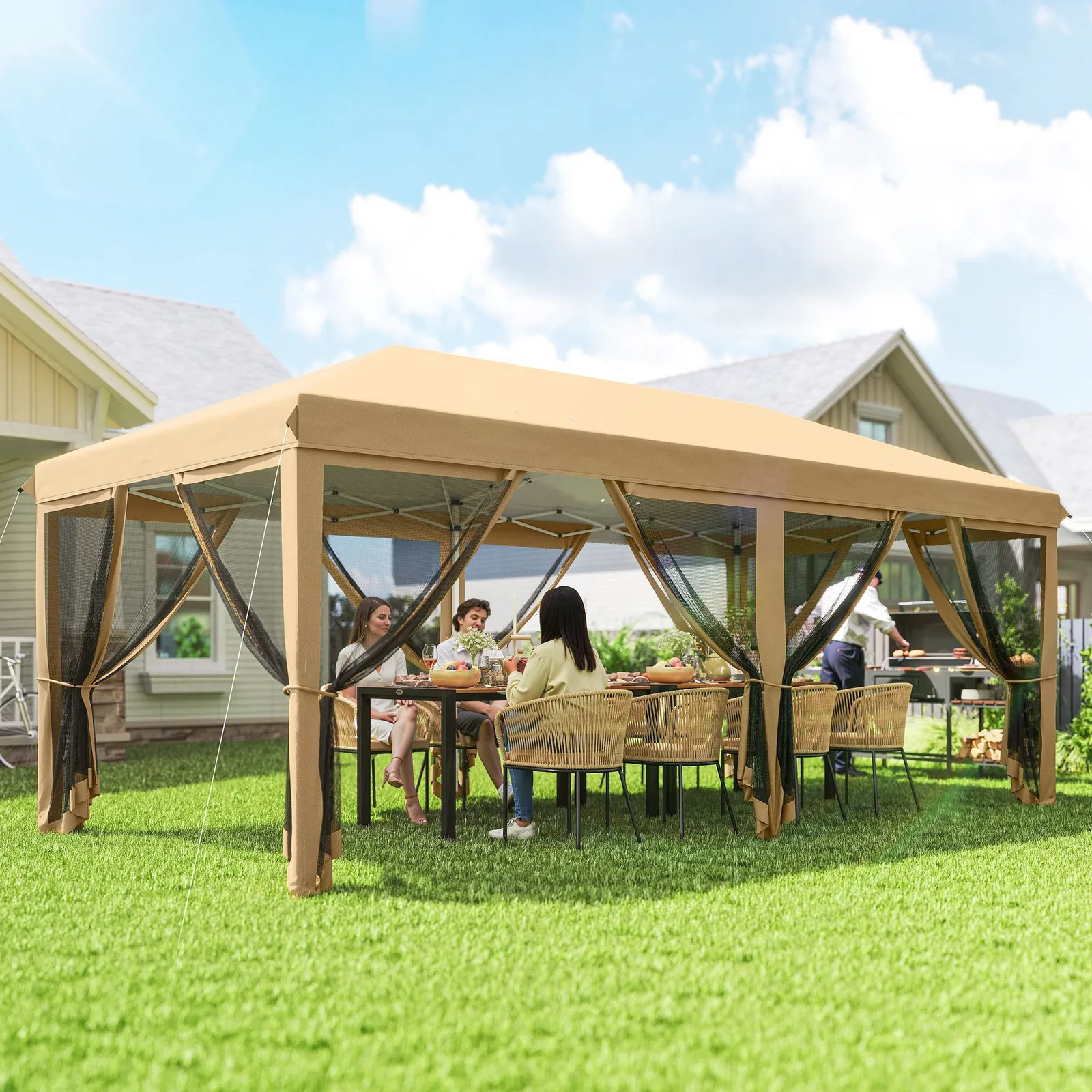 OUTSUNNY 6 x 3m Pop Up Party Tent Canopy with 6 Removable Sidewalls in Beige