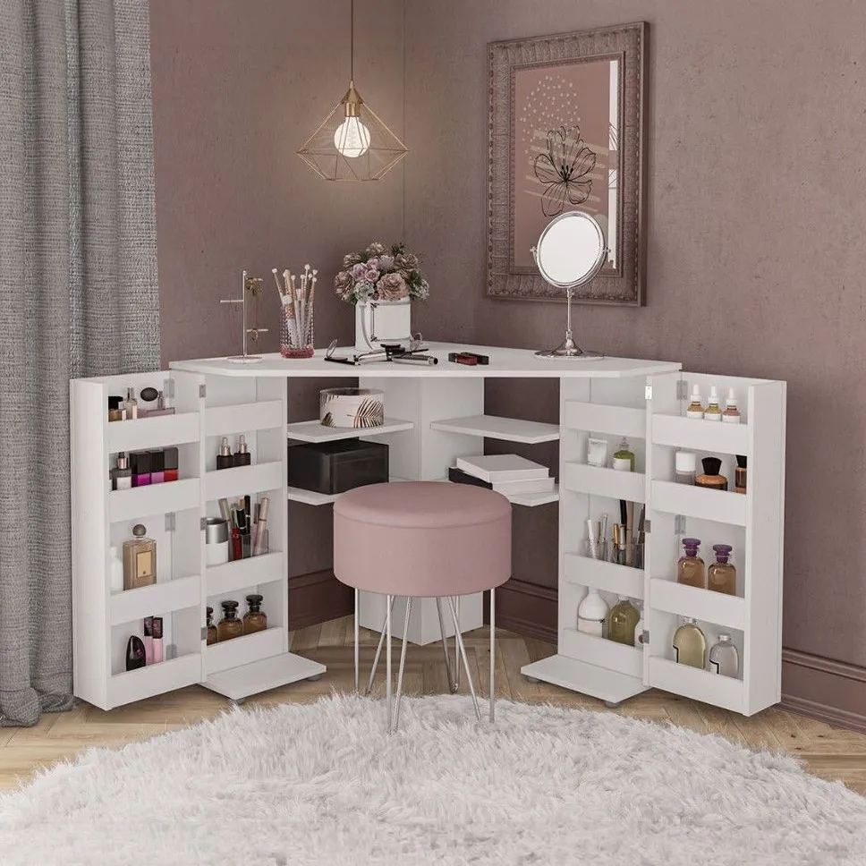 Olivia - Corner Dressing Table With Storage - White - Wooden - Happy Beds