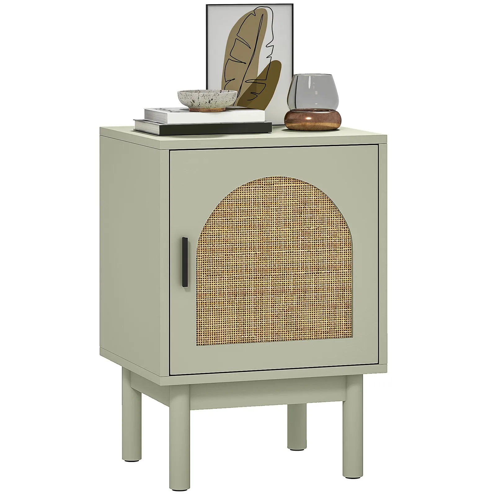 HOMCOM Boho Bedside Table with Rattan Door & Adjustable Shelf in Light Green 2