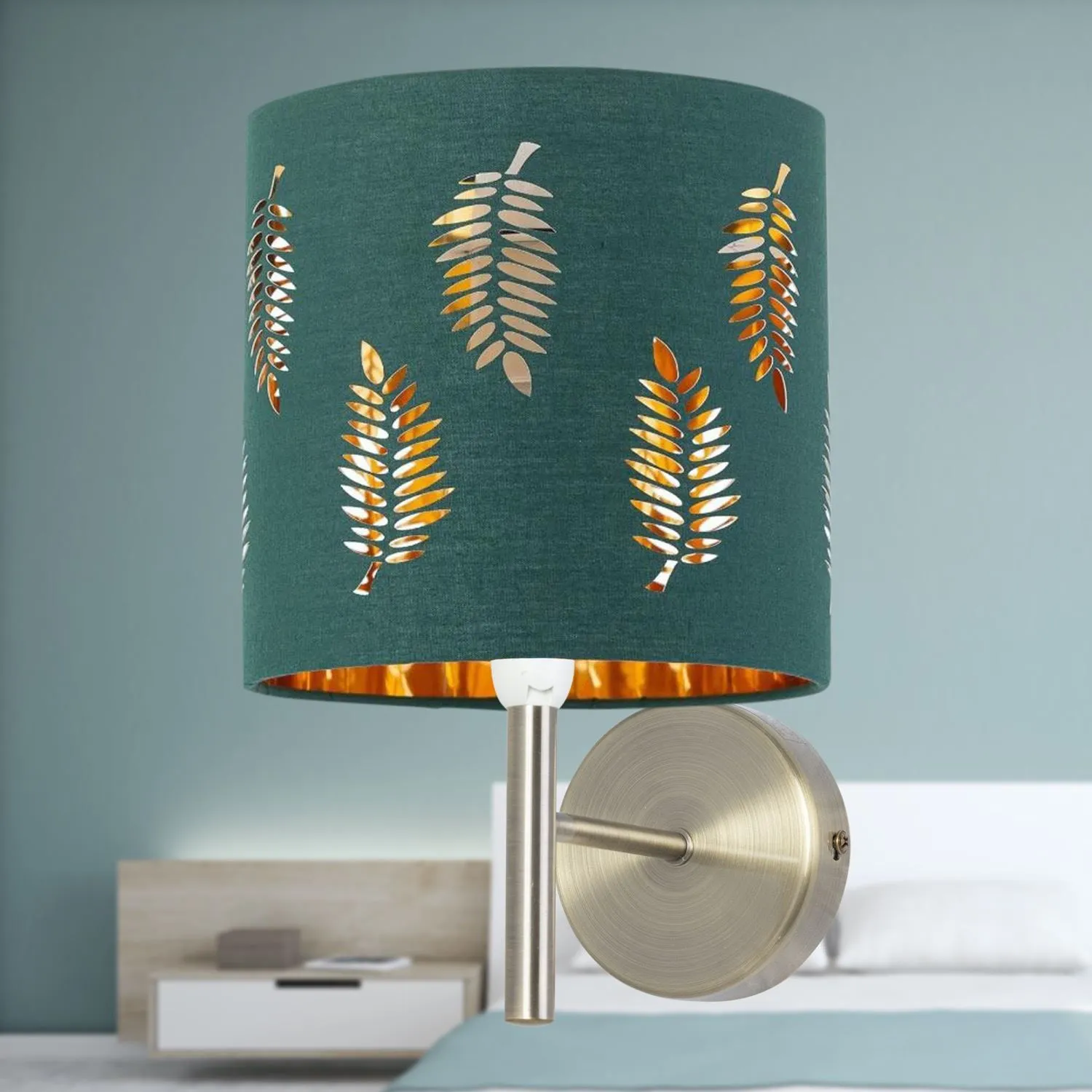 First Choice Lighting Brea - Antique Brass Wall Light with Dark Green Fern Shade in Gold 4