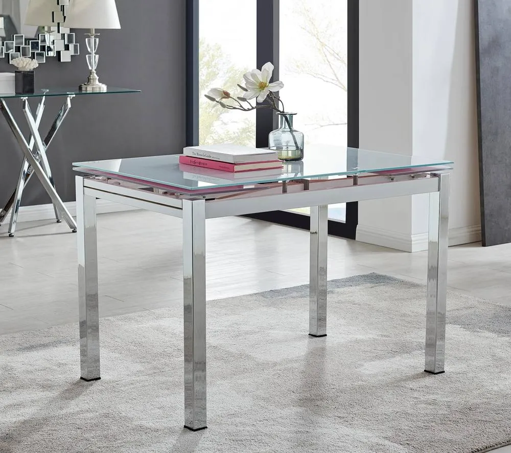 FurnitureboxUK Enna White Glass Extending Dining Table with 6 Fabric Lorenzo Chairs in Cream 4