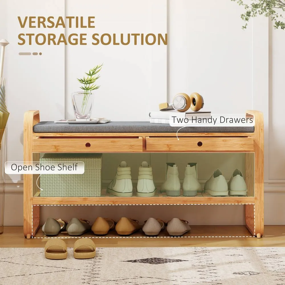 HOMCOM Shoe Bench with 2 Drawers Cushioned Seat 105 cm in Natural 6