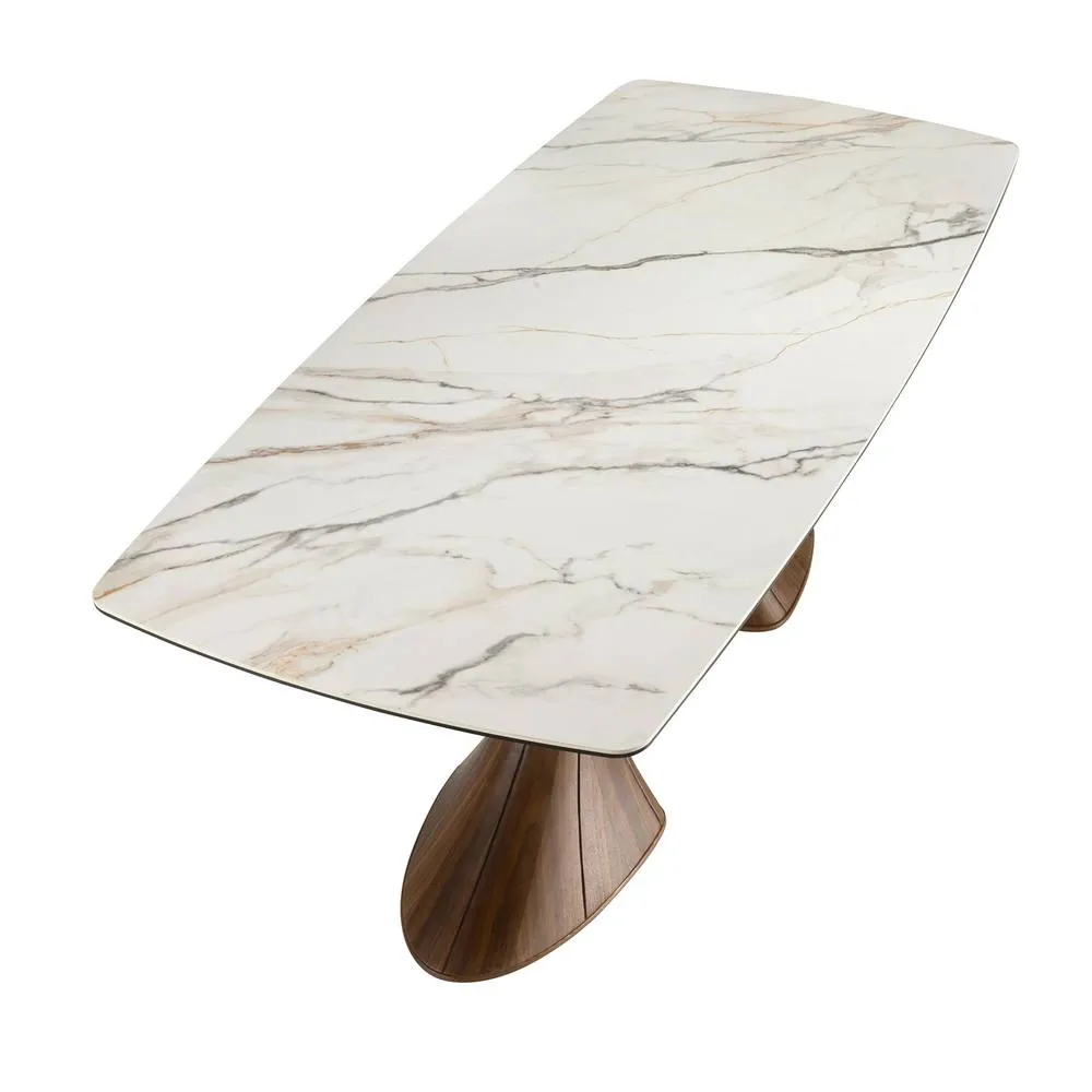 Angel Cerda Model Oval Porcelain Marble Dining Table with Walnut in White 6