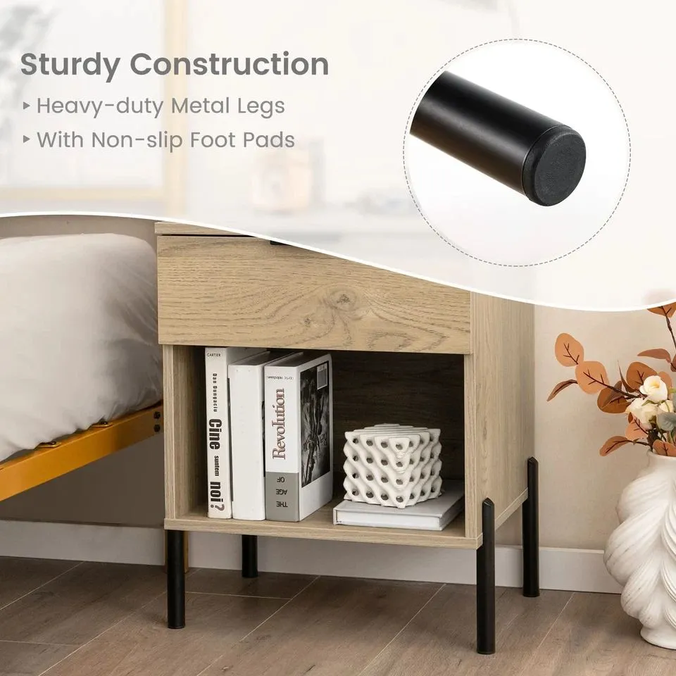 Costway Mid Century Modern Nightstand Bed Side Table w/Charging Station in Natural 5