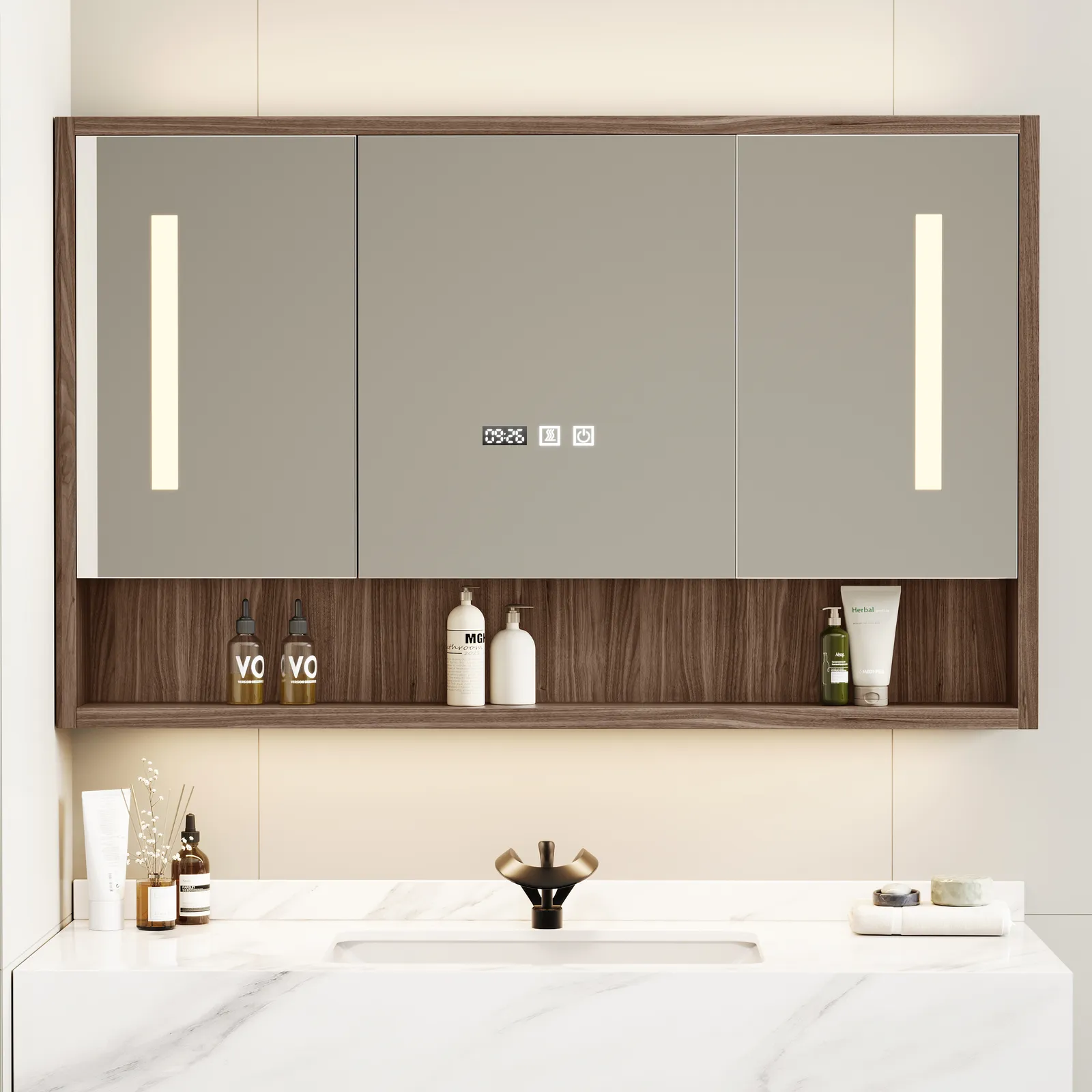 100 cm Walnut LED Medicine Cabinet with Adjustable Lighting, Demister and Digital Clock