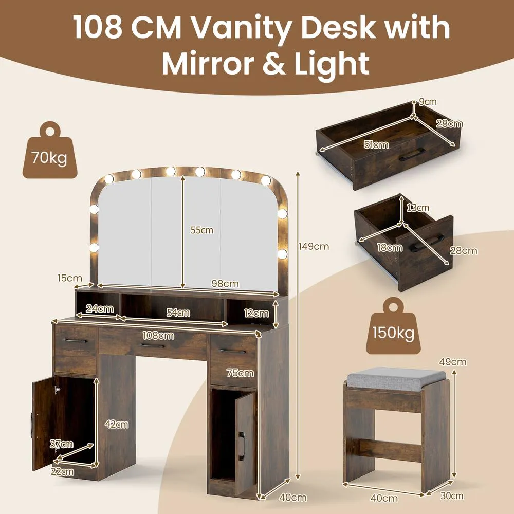 Costway 108 CM Wide Dressing Table Vanity Desk with Stool in Brown 2