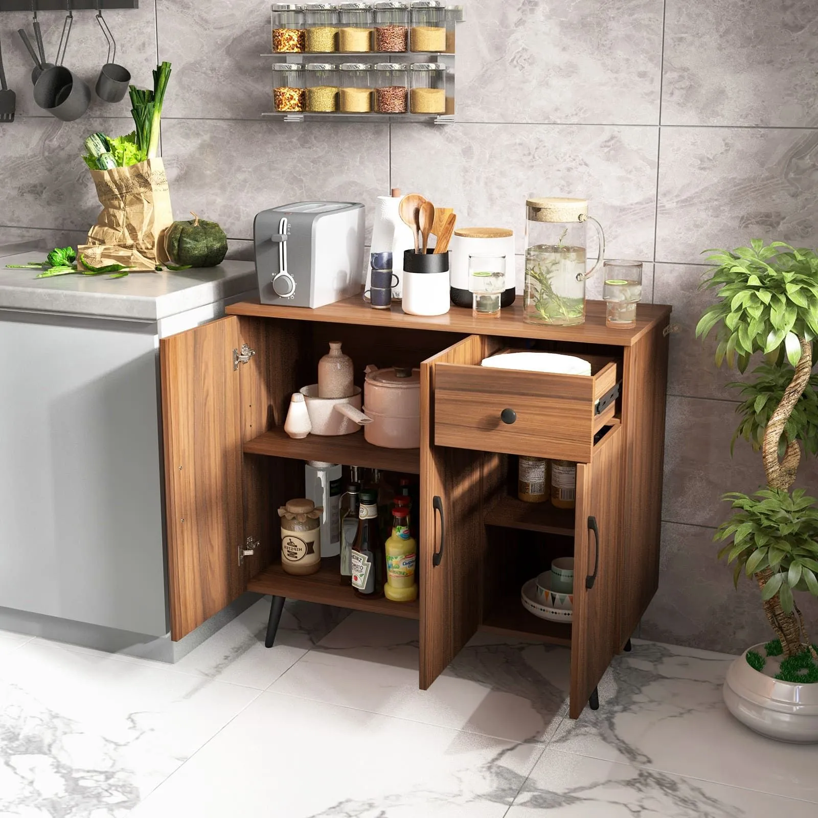 Costway Buffet Cabinet Kitchen Modern Storage Cabinet w/Pull-out Drawer in Walnut 5