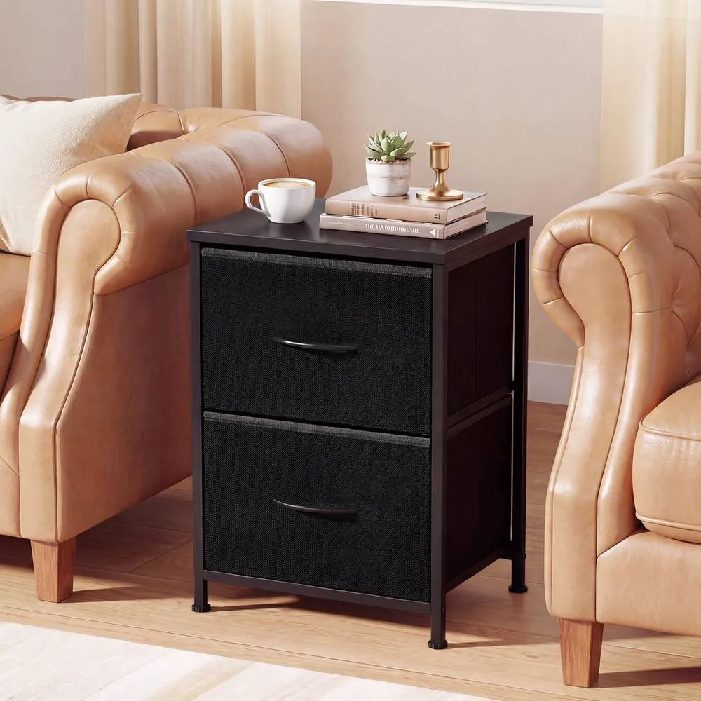 Costway 2PCS Nightstand End Table w/ 2 Fabric Drawers Bedside Table Side Table in Black 5