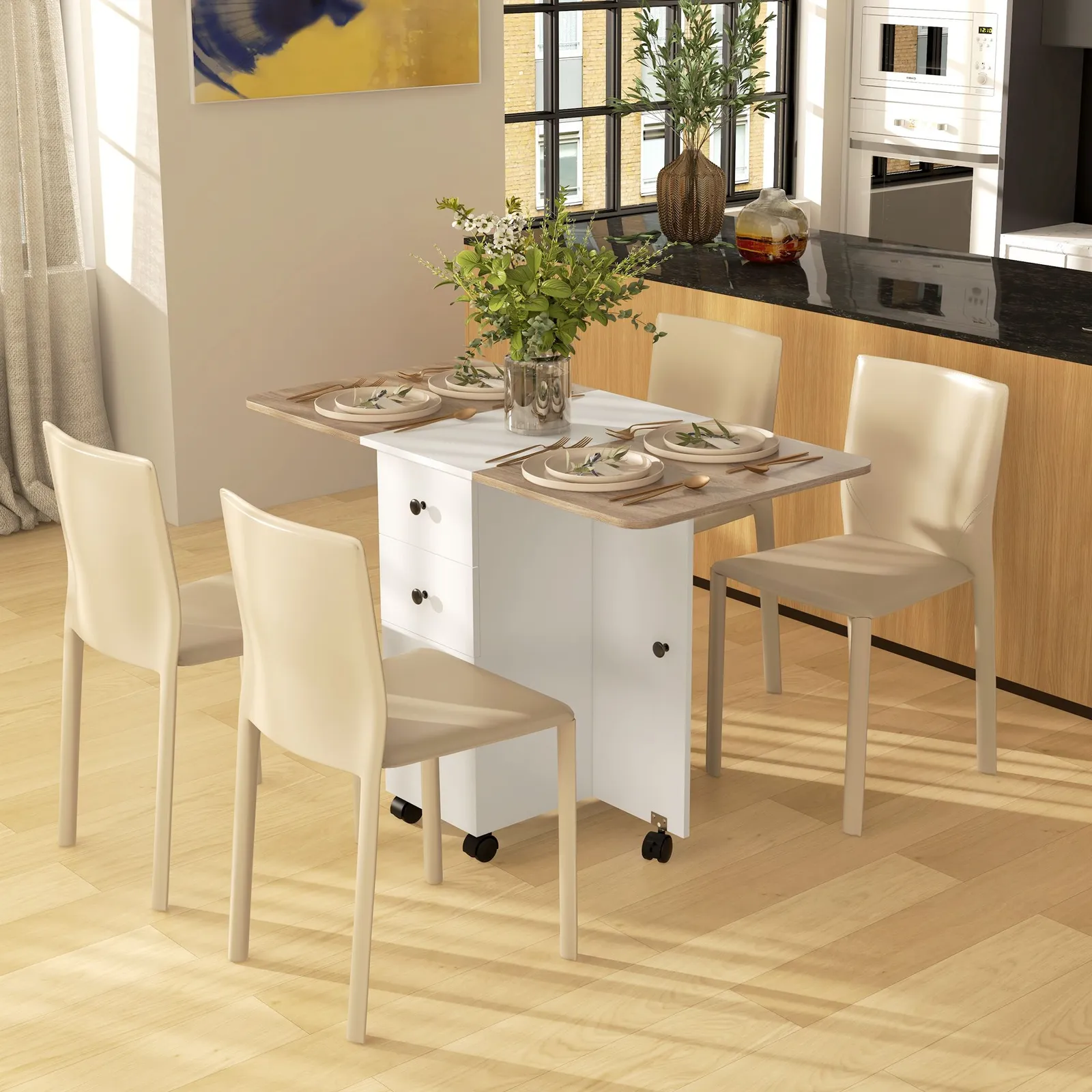 HOMCOM Folding Dining Table, Drop Leaf Table With Drawers in Light Oak
