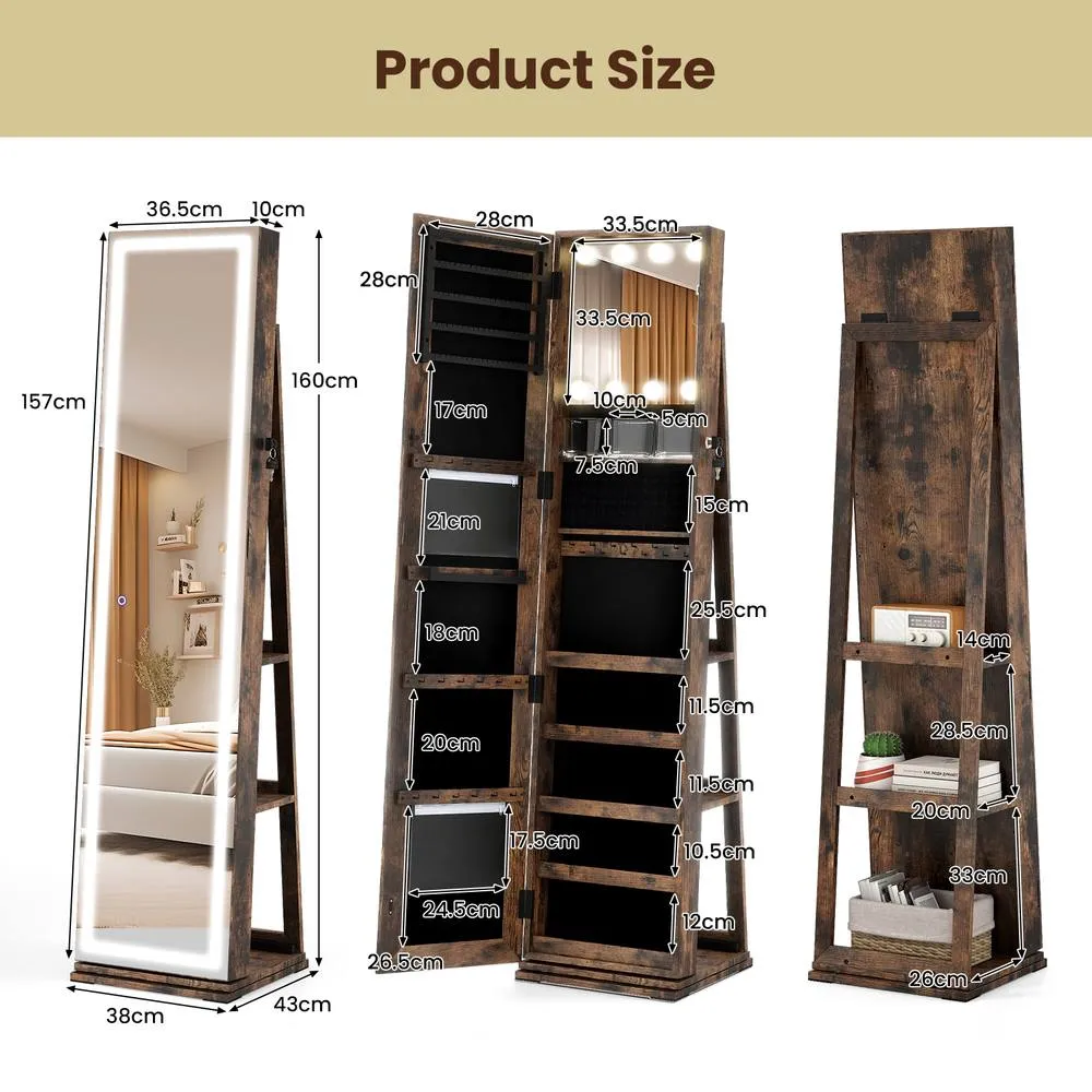 Costway 360° Swivel Jewelry Cabinet Freestanding Jewelry Storage Organizer in Brown 2