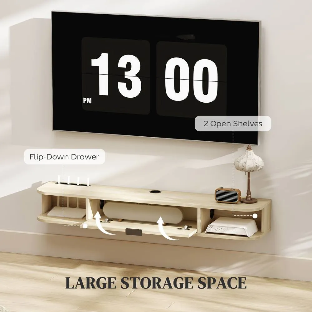 HOMCOM 120 cm Floating TV Unit with Flip Drawer & Shelves, Natural 5