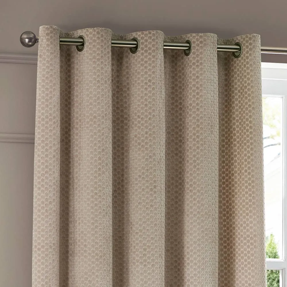 Paoletti Neptune Fully Lined Velvet Eyelet Curtain Pair in Beige 3