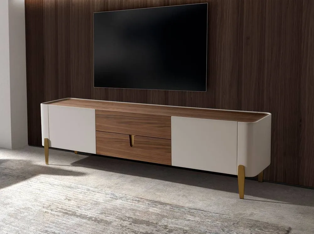 Angel Cerda TV Stand, Walnut Top, Beige Lacquer, Gold Steel Legs, 200 cm 6
