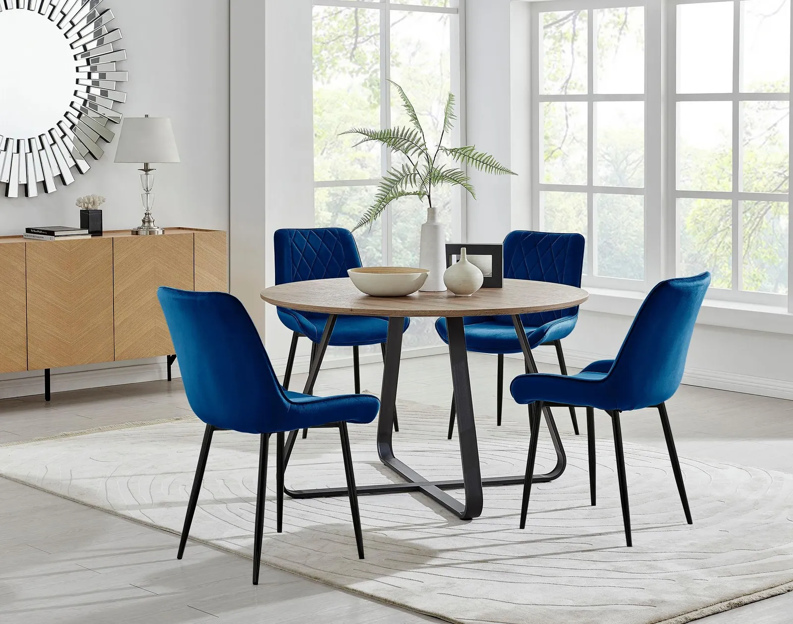 FurnitureboxUK Santorini Brown Round Dining Table & 4 Pesaro Black Leg Chairs in Navy