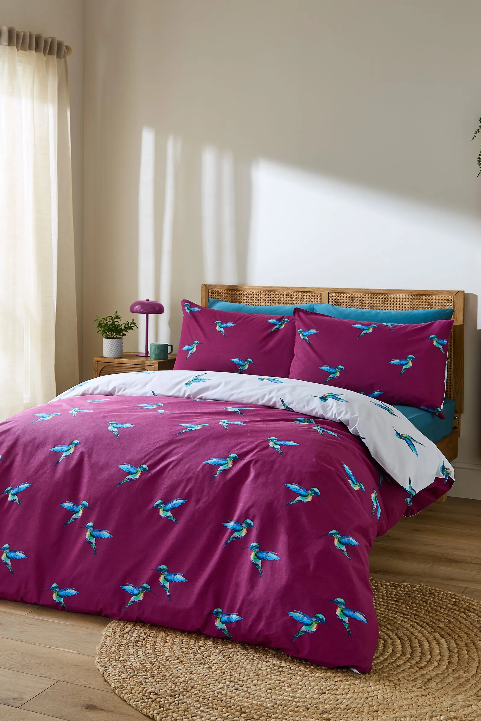 Their Nibs 'Hummingbird' Cotton Reversible Duvet Cover Set in Plum