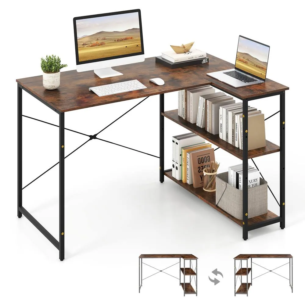 Costway L-shaped Computer Desk Reversible Corner Desk Brown 5